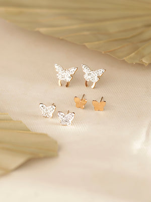 Butterfly Pattern Whitestone Gold Plated Stud Earrings