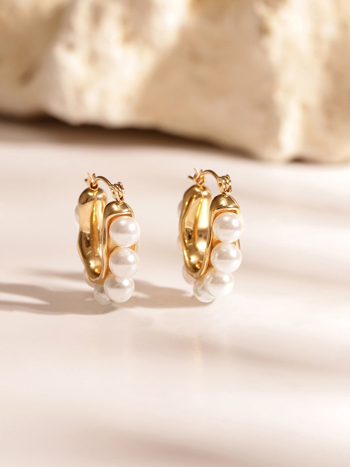 Pearl Sequenced Gold Plated Mini Hoops Earrings