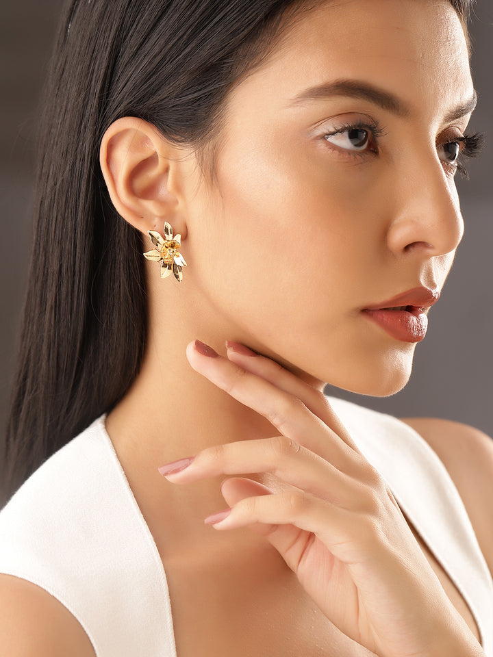 Gold Plated Floral Pattern Statement Stud Style Earrings