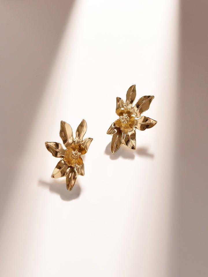 Gold Plated Floral Pattern Statement Stud Style Earrings