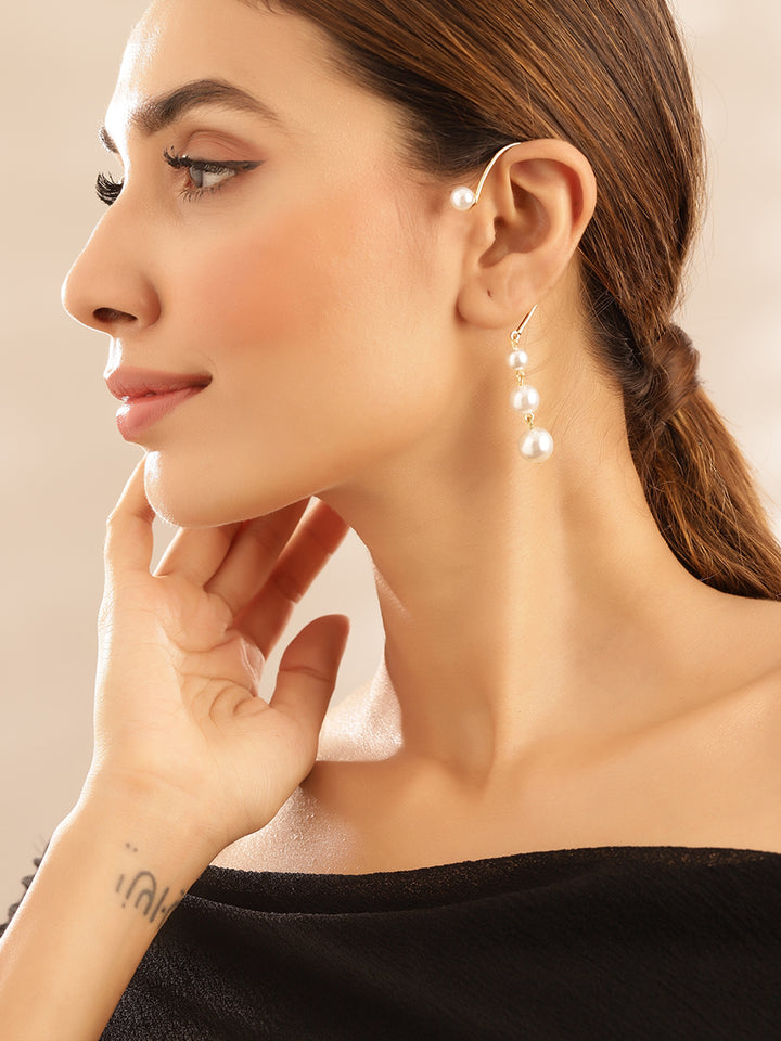 Pearl Studded Gold Plated Contemporary Ear Cuff Earrings