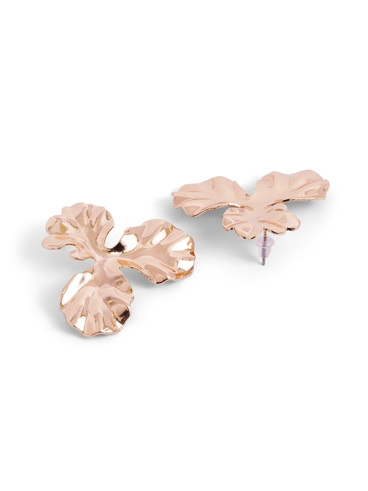 Hammered Pattern Plain Floral Elegance Gold Plated Stud Earrings