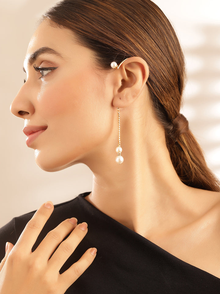 Pearl Studded Gold Plated Statement Ear Cuff Earrings