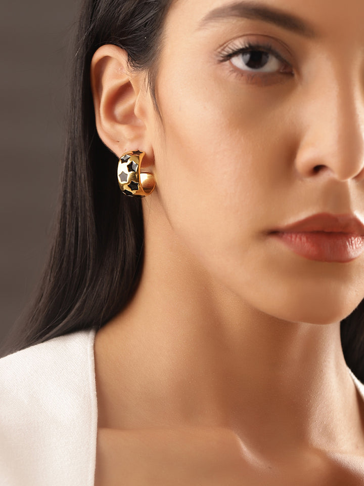 Black Stars Pattern Gold Plated Statement Hoop Earrings