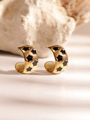 Black Stars Pattern Gold Plated Statement Hoop Earrings