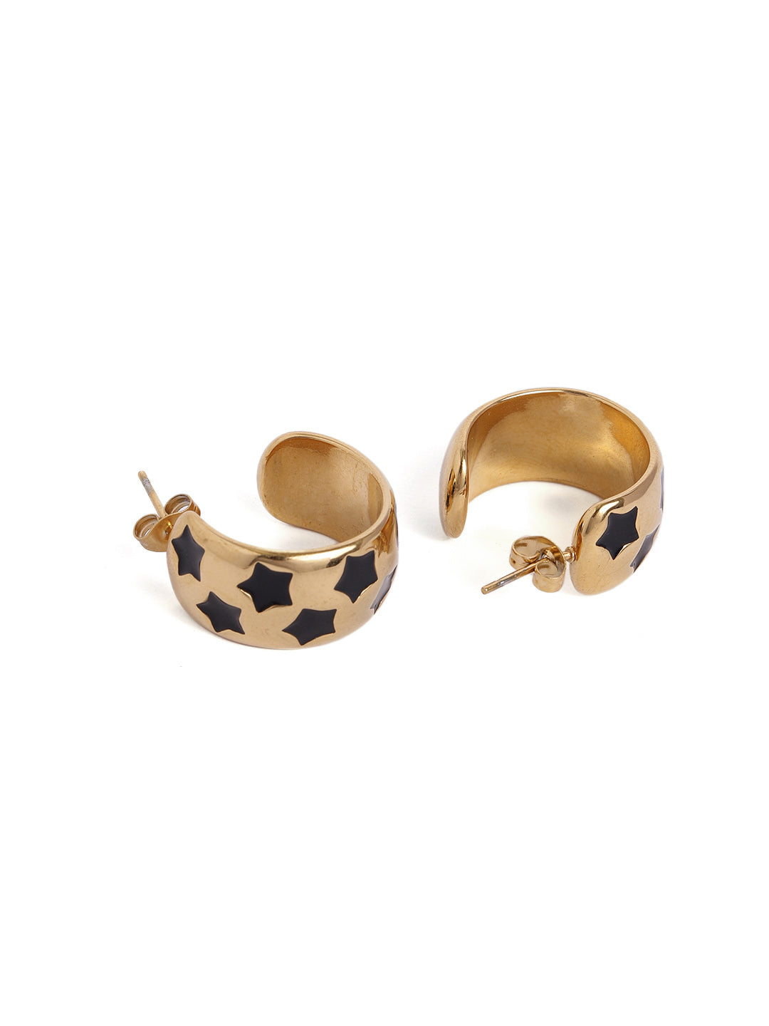 Black Stars Pattern Gold Plated Statement Hoop Earrings