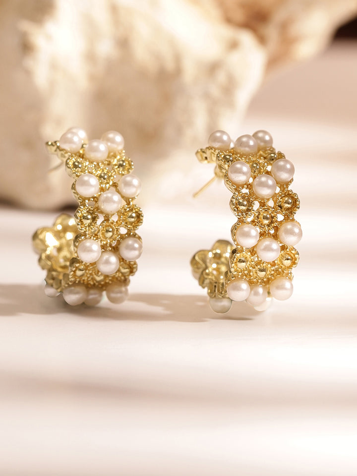 Pearl Studded Gold Plated Hoops Pattern Earrings