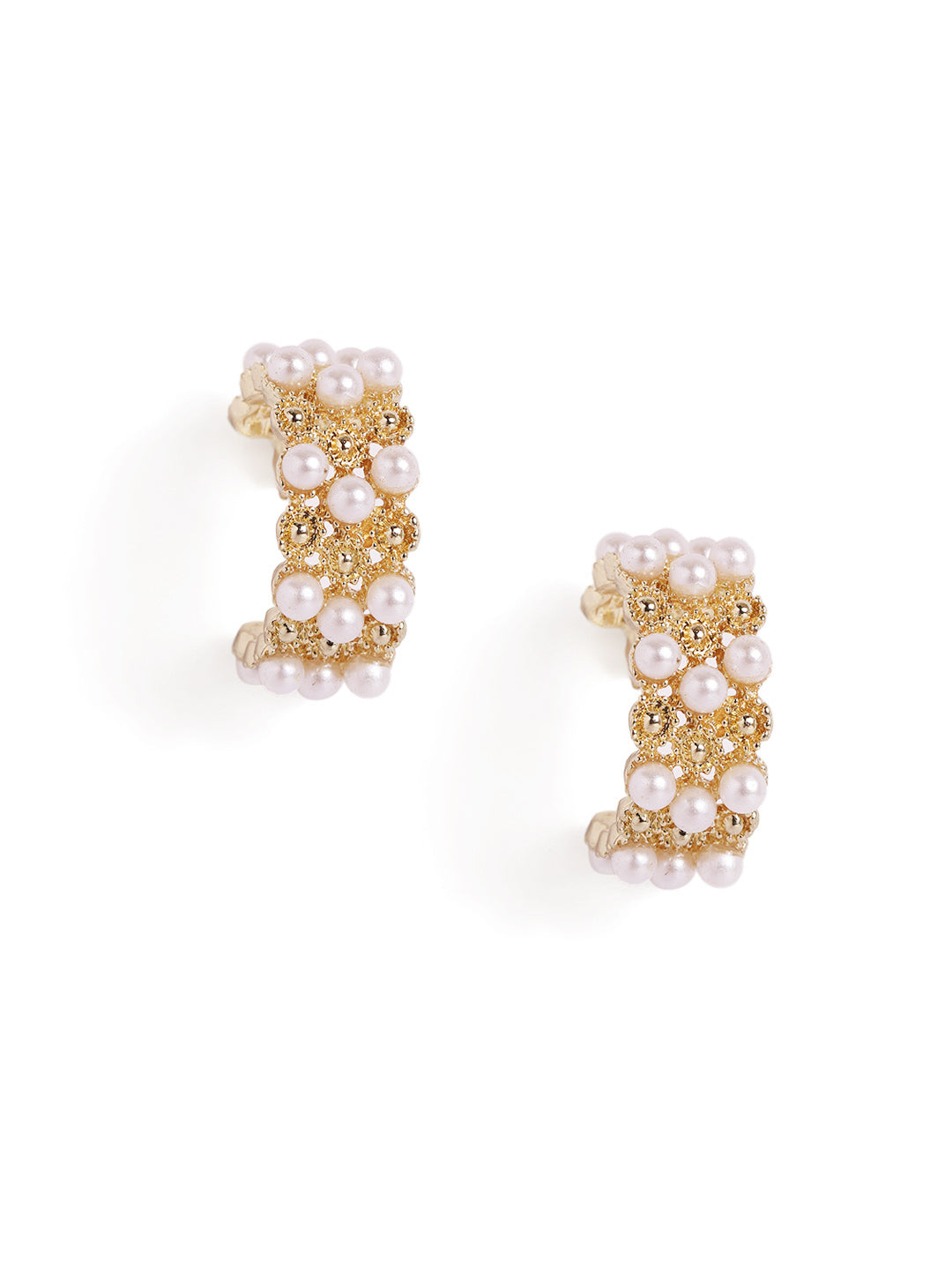 Pearl Studded Gold Plated Hoops Pattern Earrings