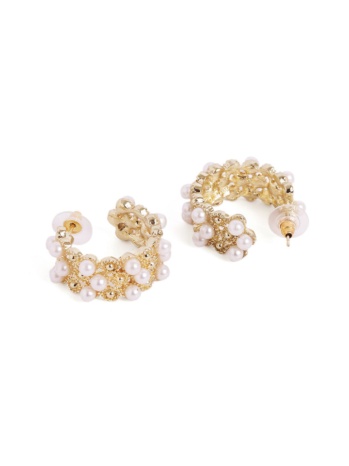 Pearl Studded Gold Plated Hoops Pattern Earrings