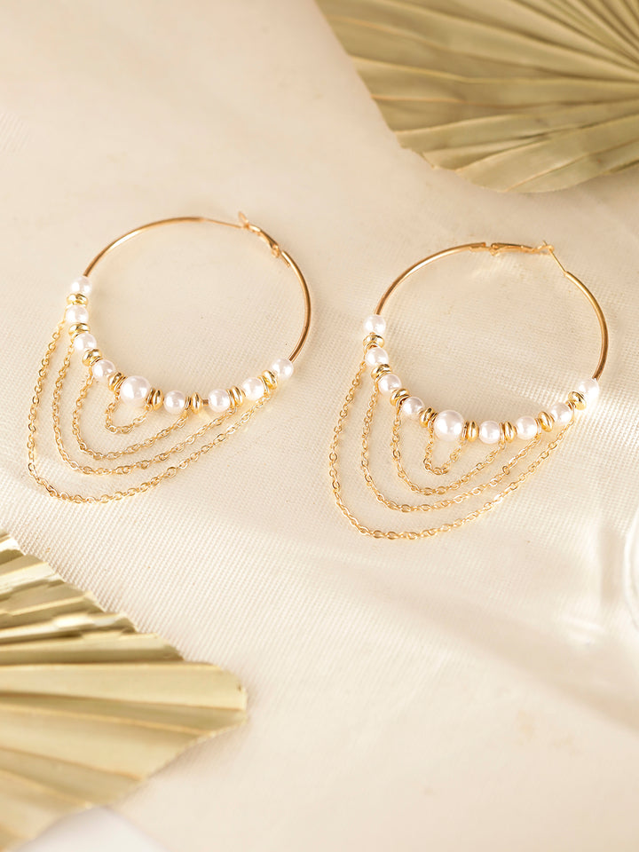 Pearl Gold Balls Sequenced Gold Plated Hoops Earrings