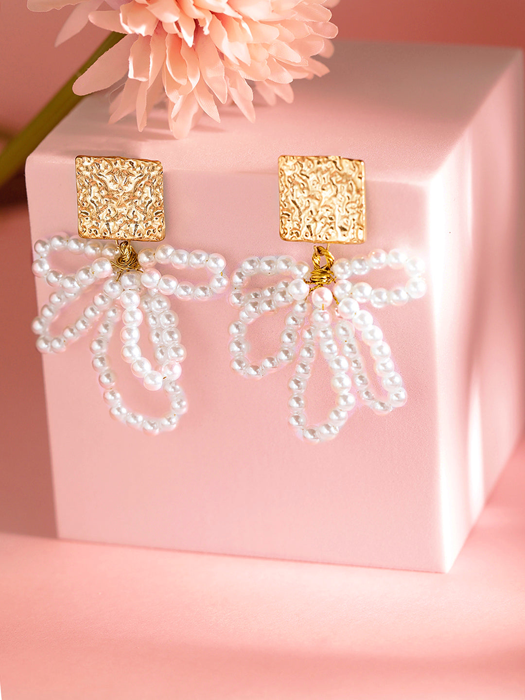 Pearl Sequenced Floral with Hammered Stud Drop Gold Plated Earrings
