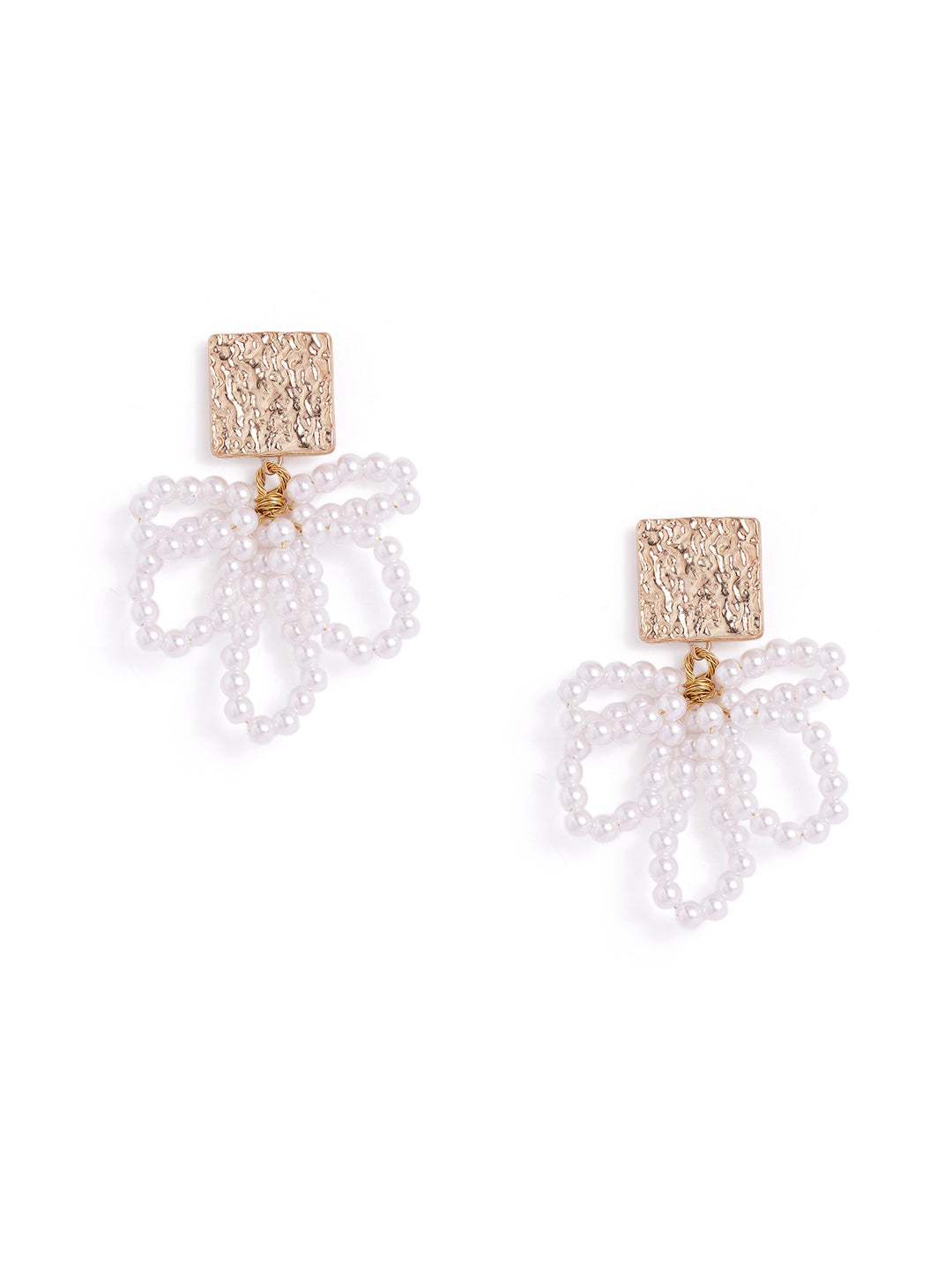 Pearl Sequenced Floral with Hammered Stud Drop Gold Plated Earrings