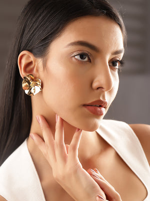 Fancy Floral Elegance Gold Plated Hammered Style Stud Earrings