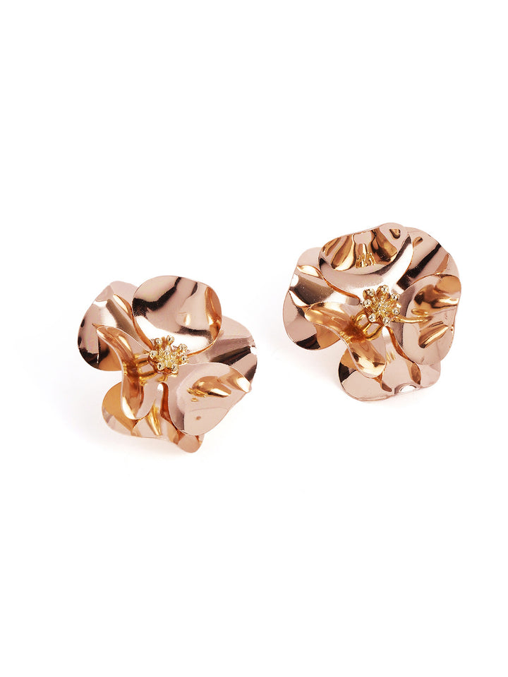 Fancy Floral Elegance Gold Plated Hammered Style Stud Earrings