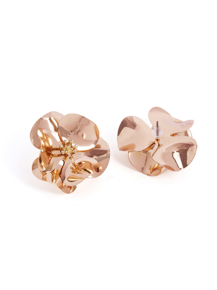 Fancy Floral Elegance Gold Plated Hammered Style Stud Earrings