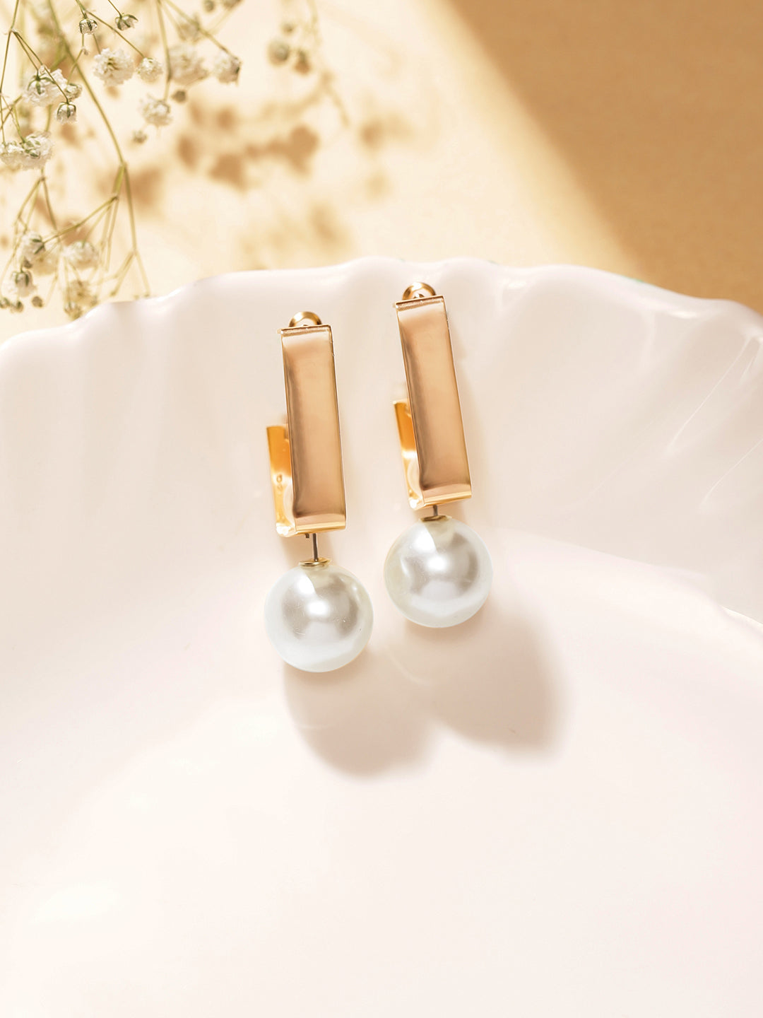 Geometrical Pattern Pearl Studded Gold Plated Drop Earrings