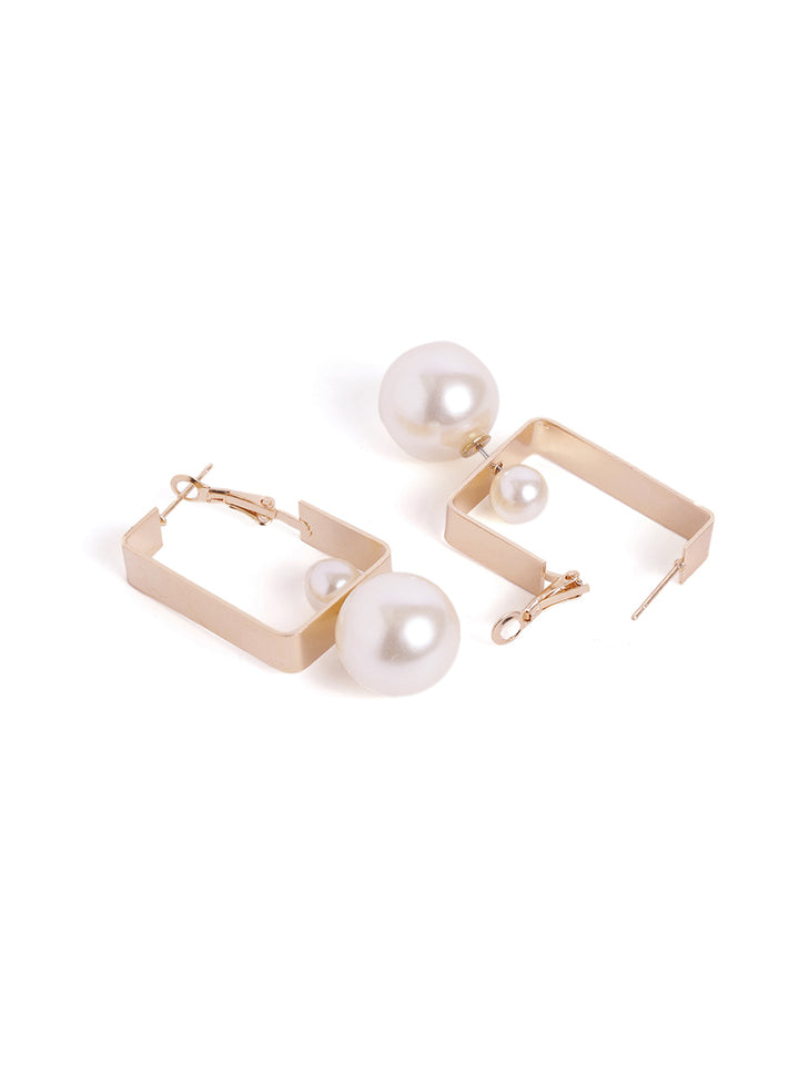 Geometrical Pattern Pearl Studded Gold Plated Drop Earrings