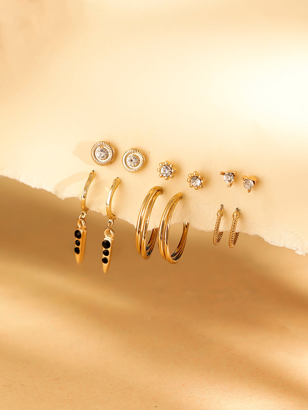 6 Pair of Gold Plated Stud and Mini Hoop Statement Earrings