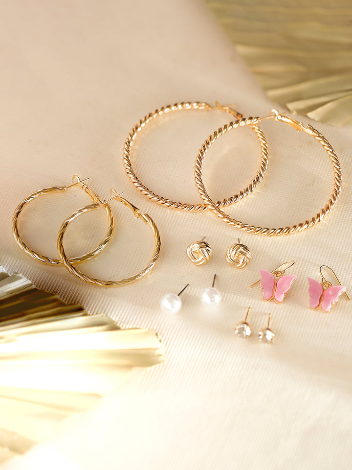 Contemporary 6 Pair of Combo Gold Plated Stud and Hoops Earrings