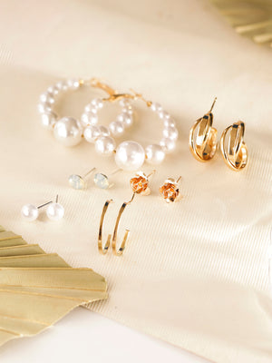 6 Pair of Pearl and Gold Plated Combo Studs and Hoops Earrings