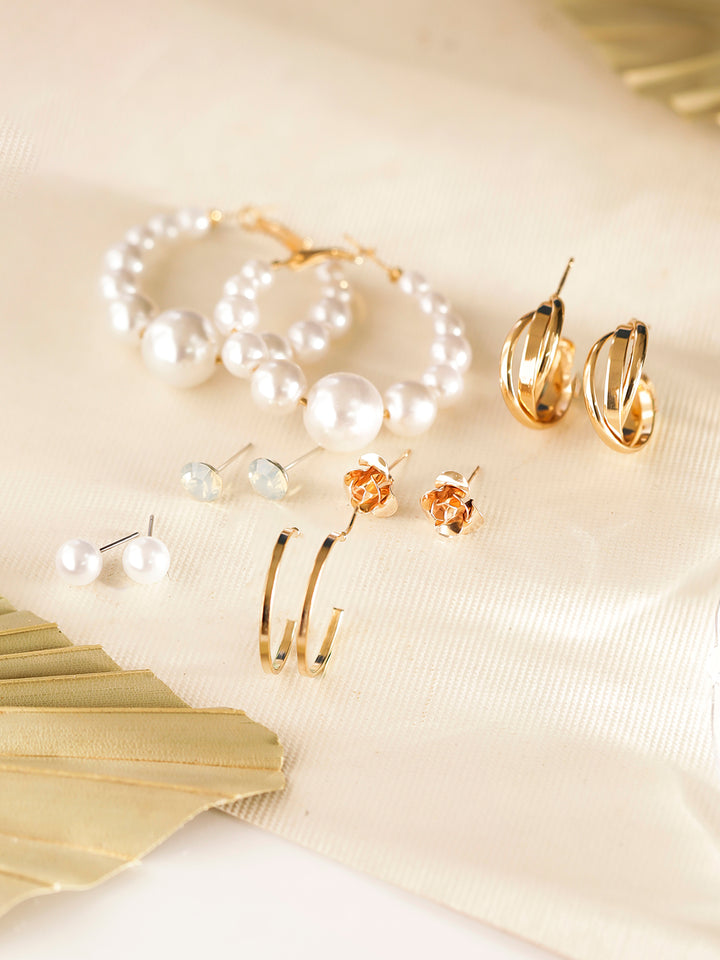 6 Pair of Pearl and Gold Plated Combo Studs and Hoops Earrings