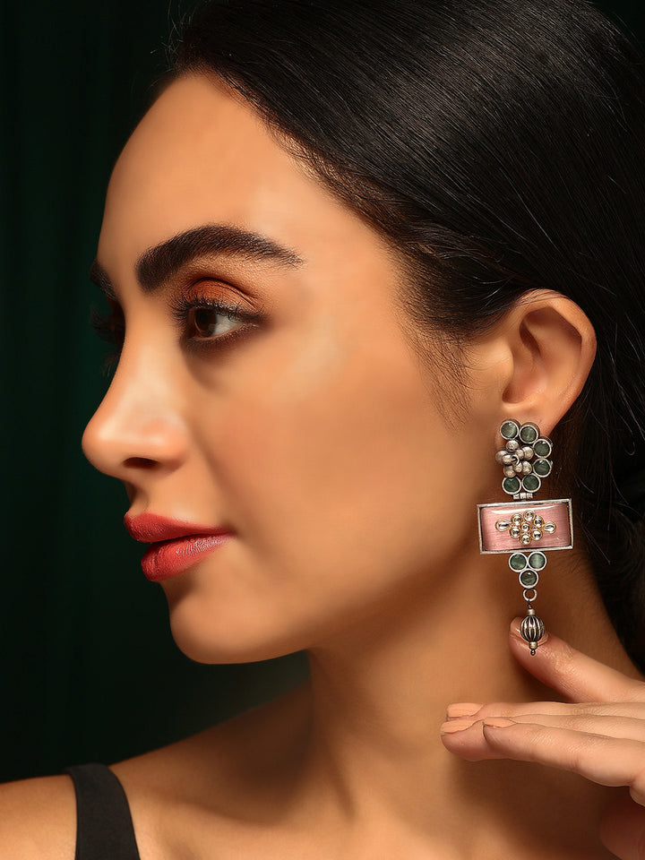 Priyaasi Silver Plated Pink Green Oxidized Kundan Drop Earrings