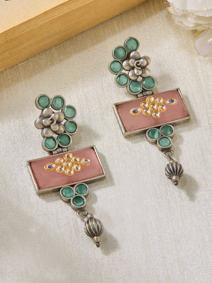 Priyaasi Silver Plated Pink Green Oxidized Kundan Drop Earrings