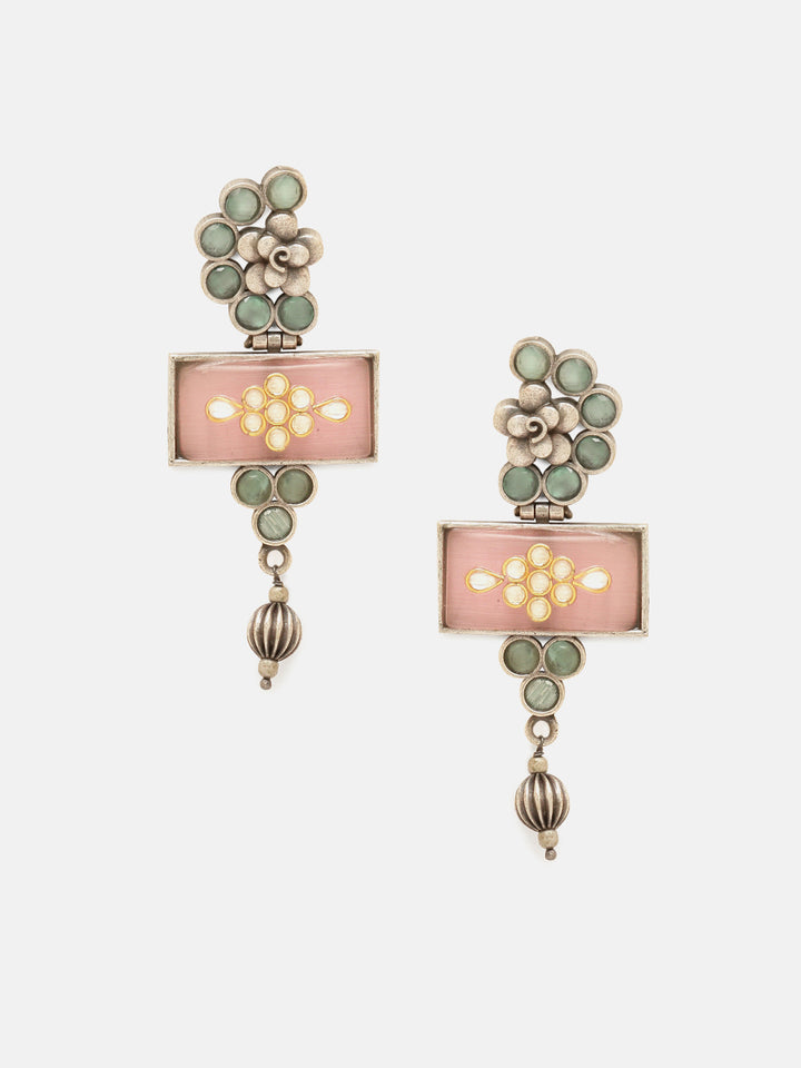 Priyaasi Silver Plated Pink Green Oxidized Kundan Drop Earrings