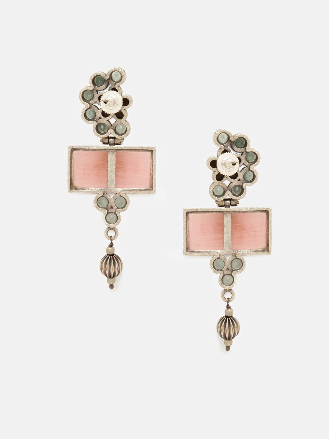 Priyaasi Silver Plated Pink Green Oxidized Kundan Drop Earrings