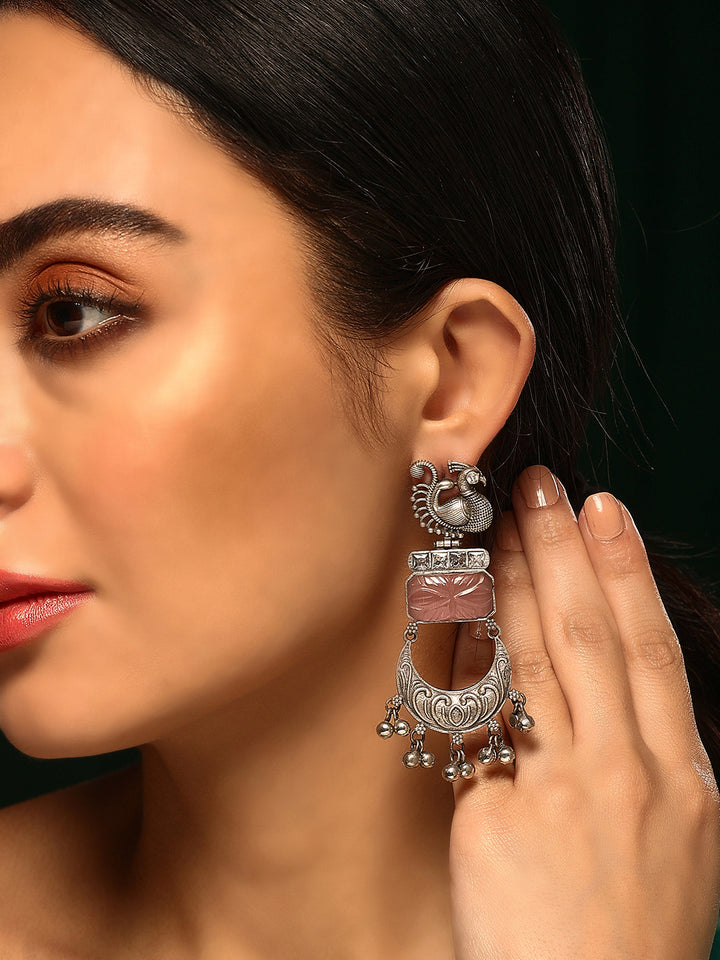 Priyaasi Silver Plated Pink Oxidized Carved Chandbali Earrings