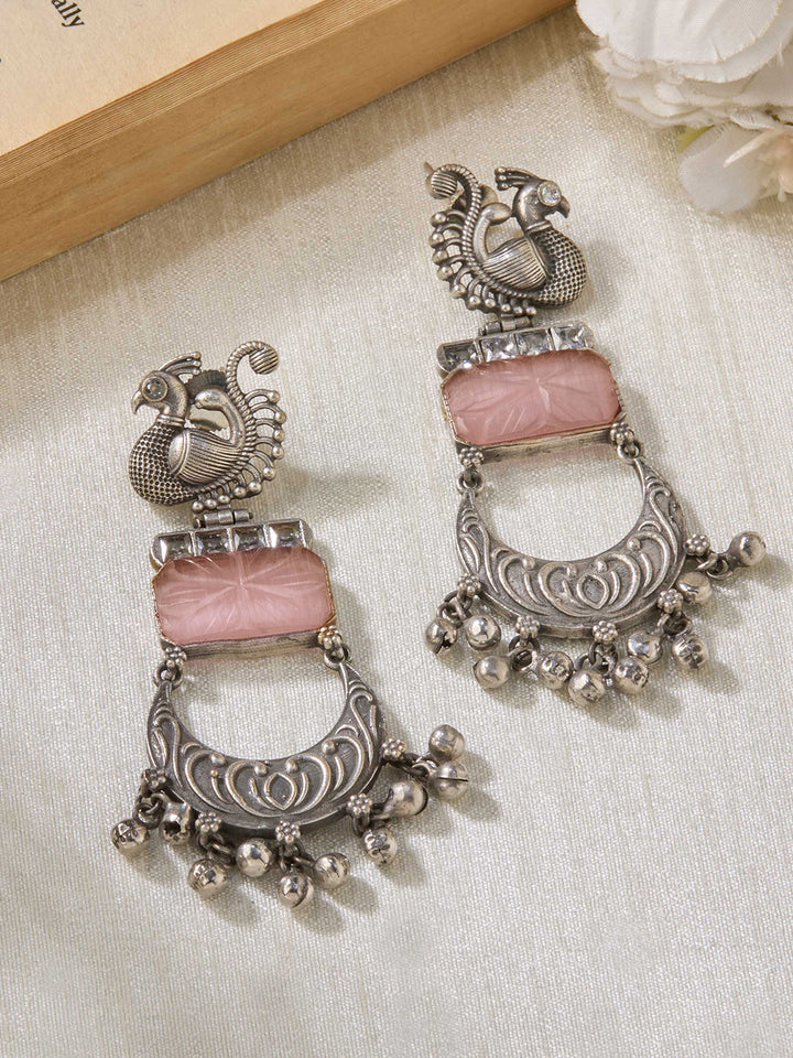 Priyaasi Silver Plated Pink Oxidized Carved Chandbali Earrings