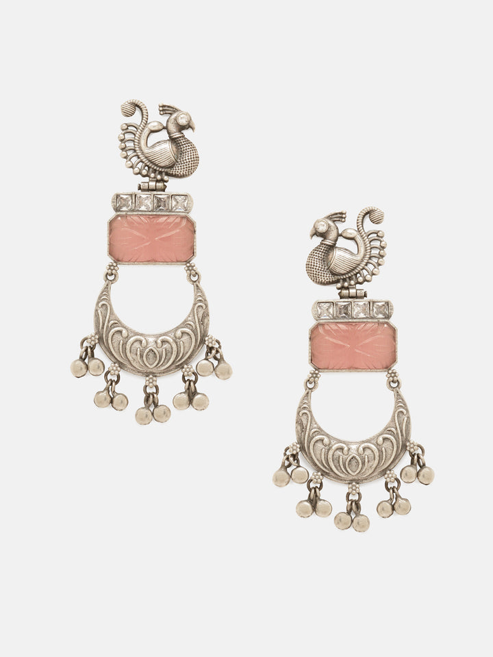 Priyaasi Silver Plated Pink Oxidized Carved Chandbali Earrings