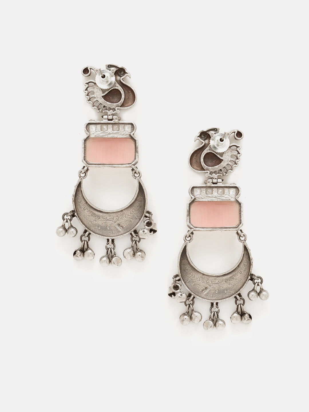 Priyaasi Silver Plated Pink Oxidized Carved Chandbali Earrings