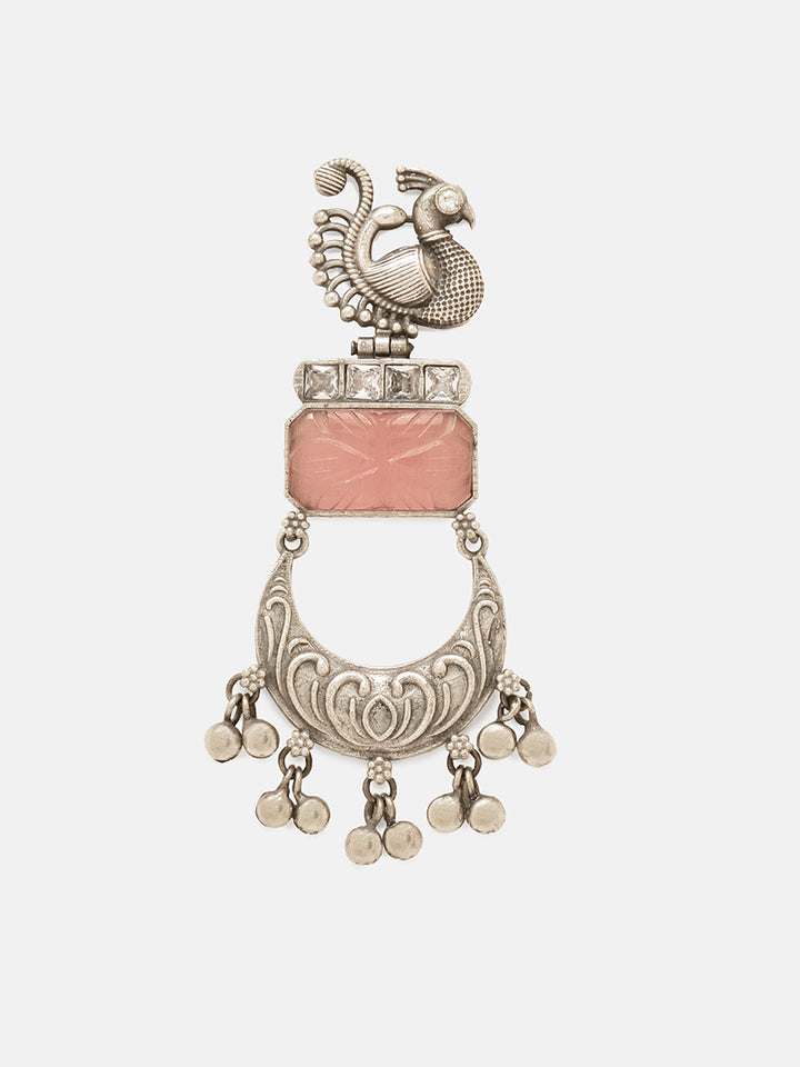 Priyaasi Silver Plated Pink Oxidized Carved Chandbali Earrings