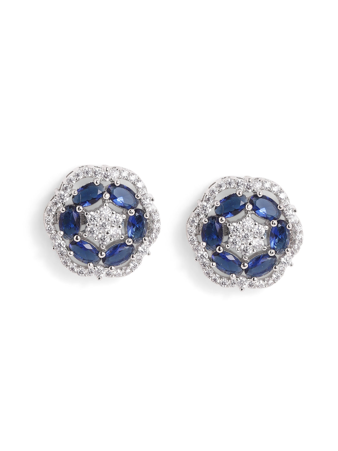 Royal Blue AD Stoned Floral Pattern Silver Plated Stud Earrings