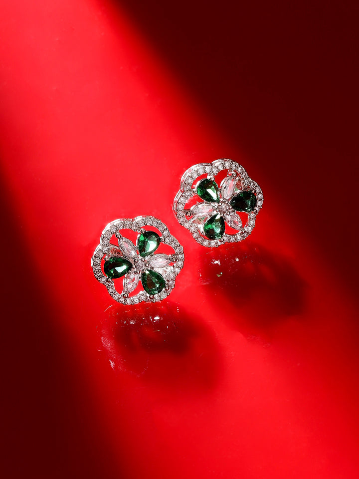 Emerald AD Stoned Floral Pattern Silver Plated Stud Earrings