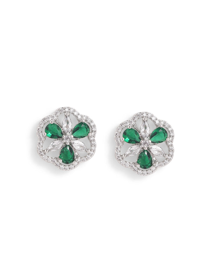 Emerald AD Stoned Floral Pattern Silver Plated Stud Earrings