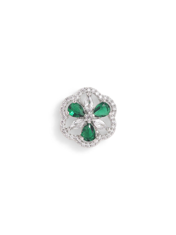 Emerald AD Stoned Floral Pattern Silver Plated Stud Earrings