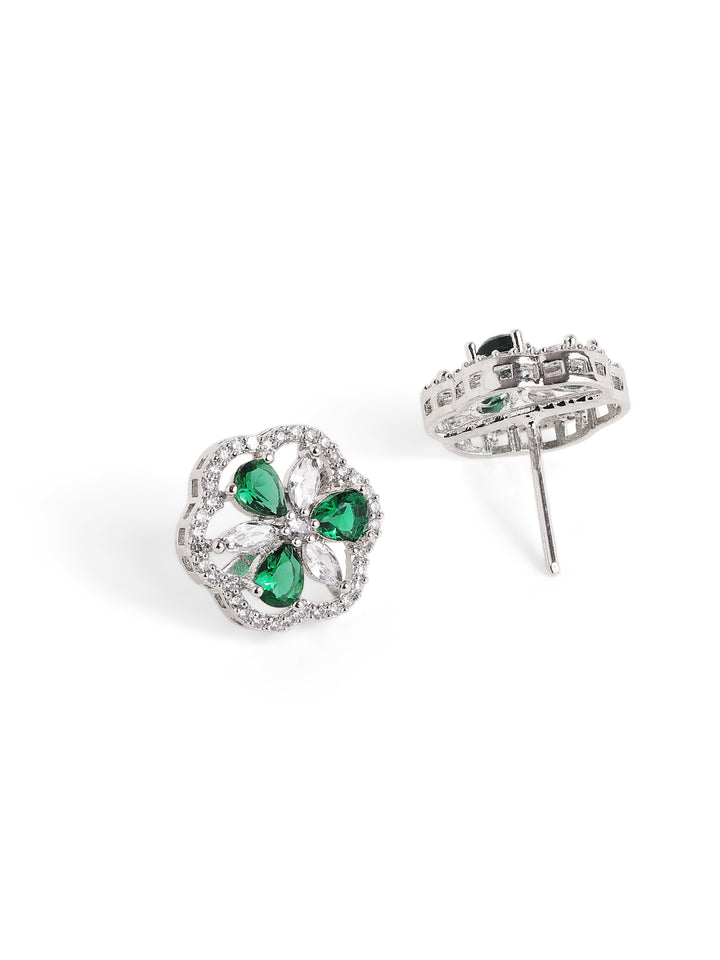 Emerald AD Stoned Floral Pattern Silver Plated Stud Earrings