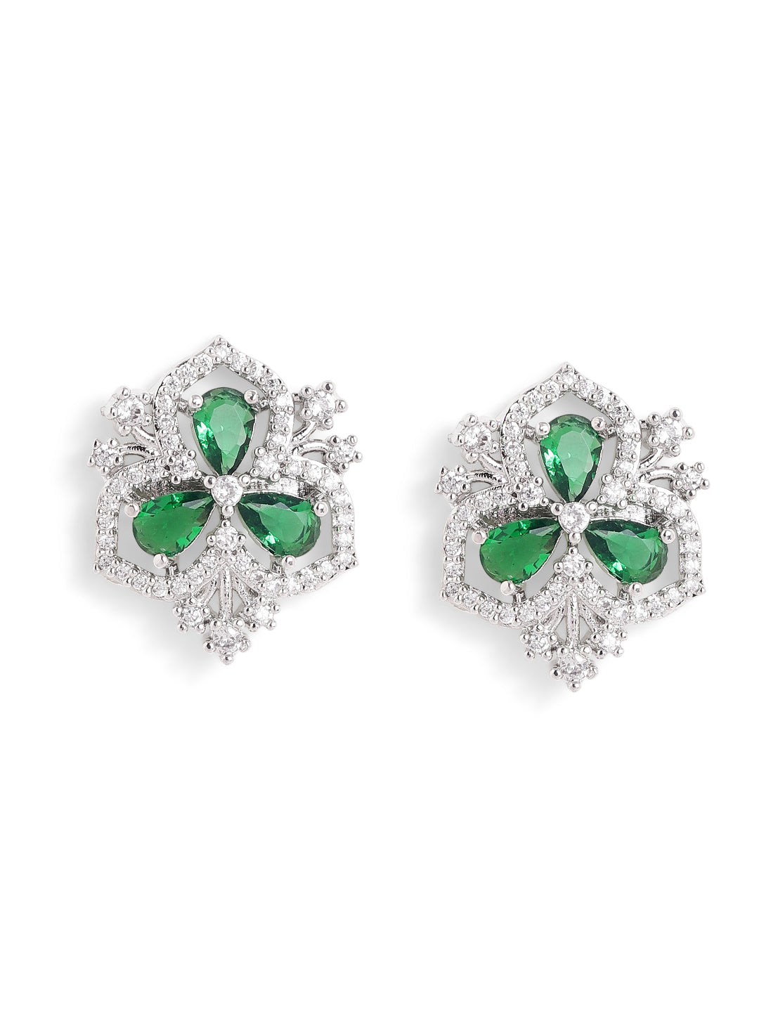 Emerald Stoned Floral Pattern Silver Plated Stud Earrings