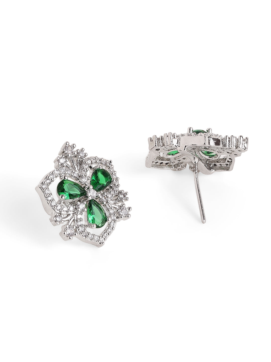 Emerald Stoned Floral Pattern Silver Plated Stud Earrings