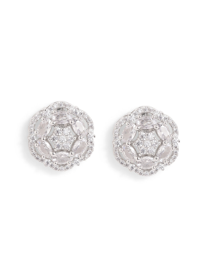 AD Whitestoned Floral Pattern Silver Plated Stud Earrings