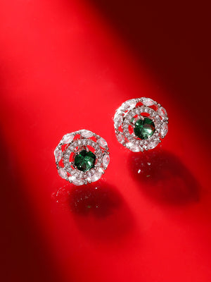 Emerald Stoned AD Blossom Pattern Silver Plated Stud Earrings