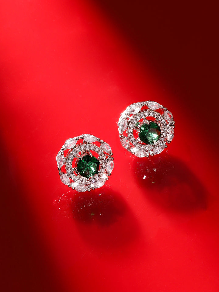 Emerald Stoned AD Blossom Pattern Silver Plated Stud Earrings