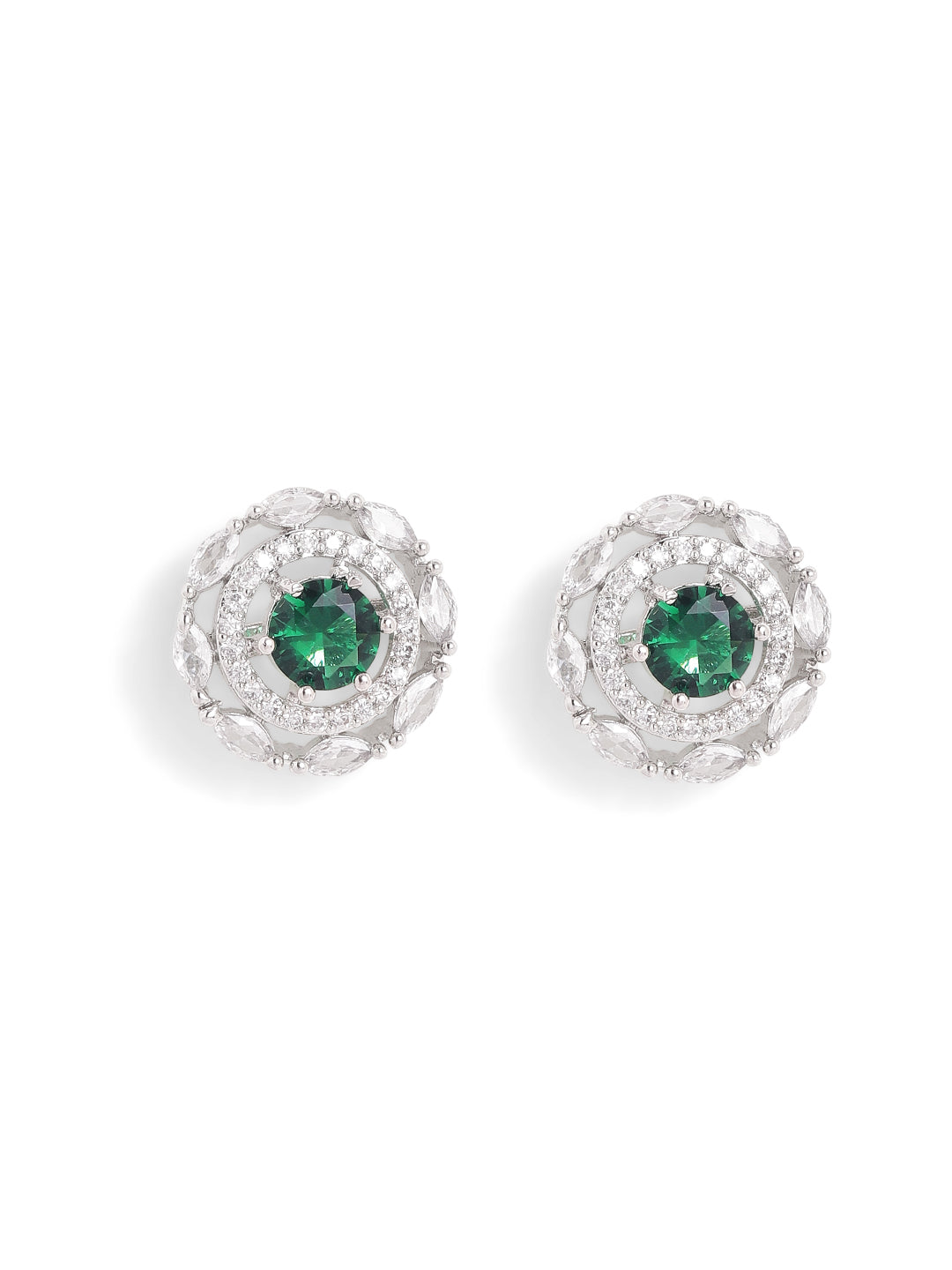 Emerald Stoned AD Blossom Pattern Silver Plated Stud Earrings