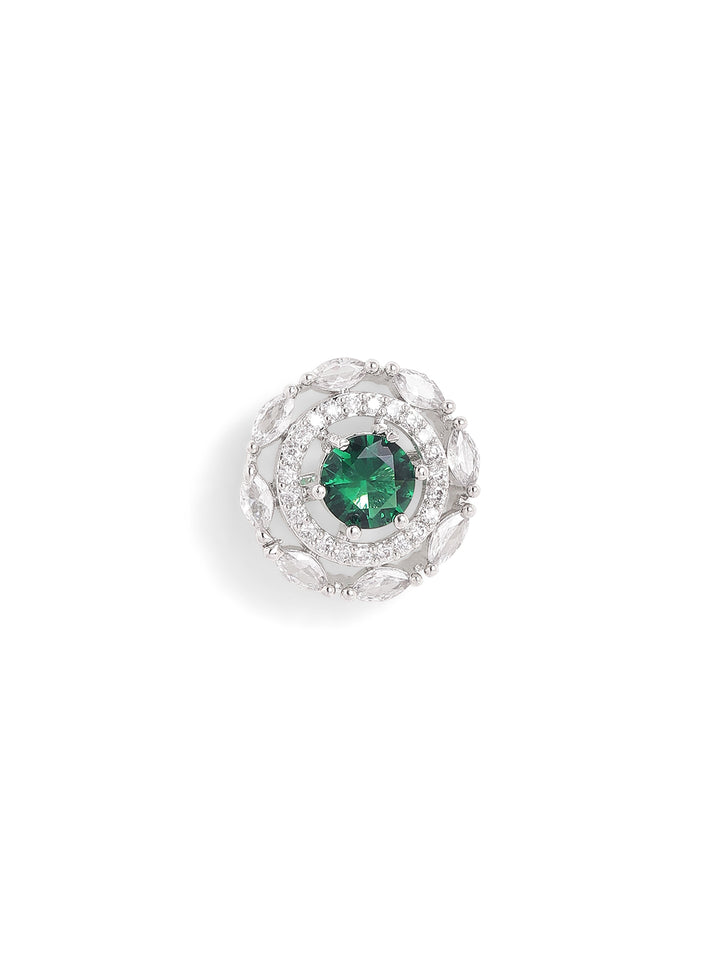 Emerald Stoned AD Blossom Pattern Silver Plated Stud Earrings