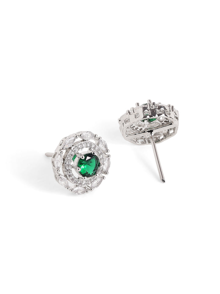 Emerald Stoned AD Blossom Pattern Silver Plated Stud Earrings