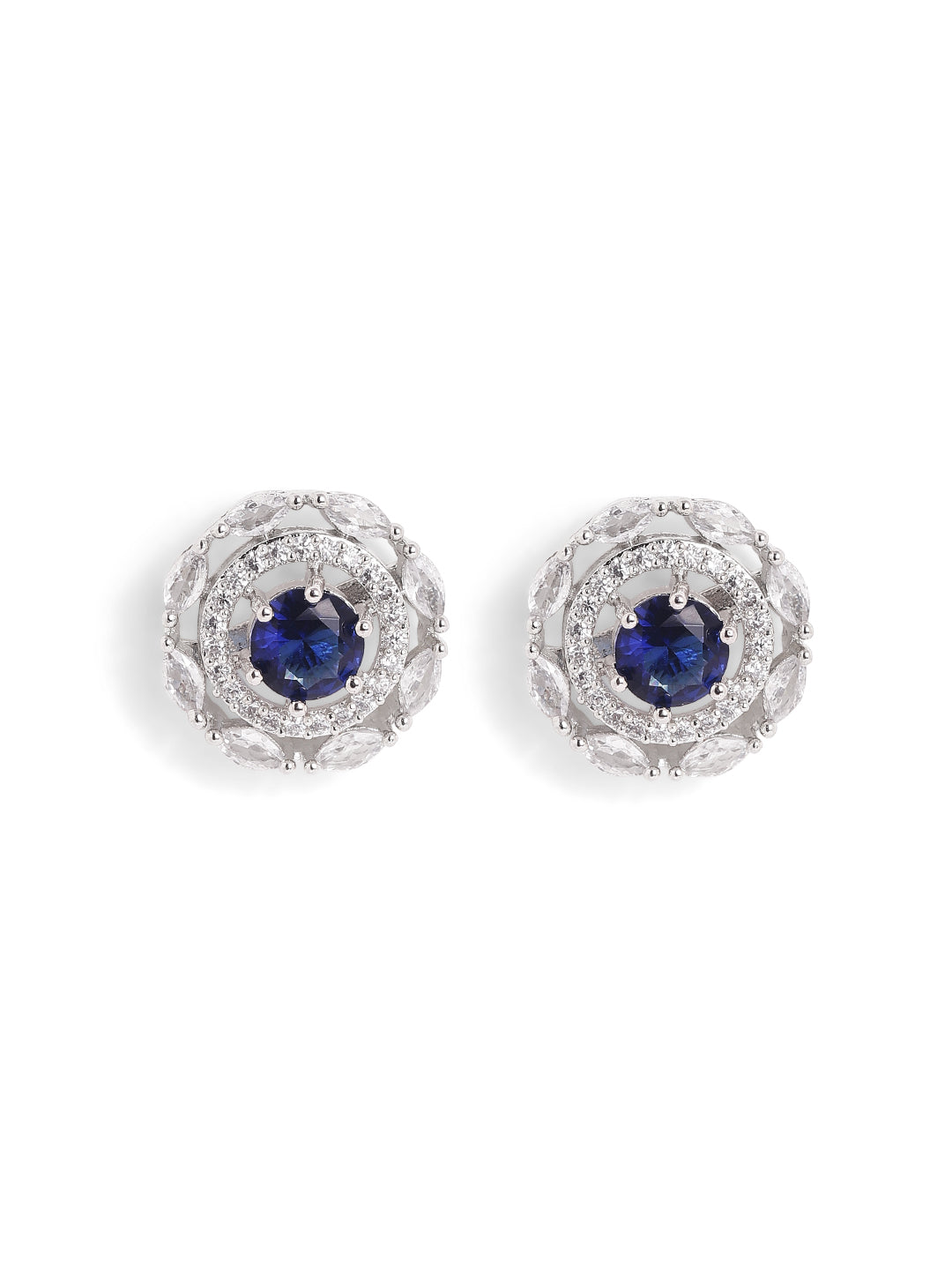 Blue Stoned AD Flowery Pattern Silver Plated Stud Earrings