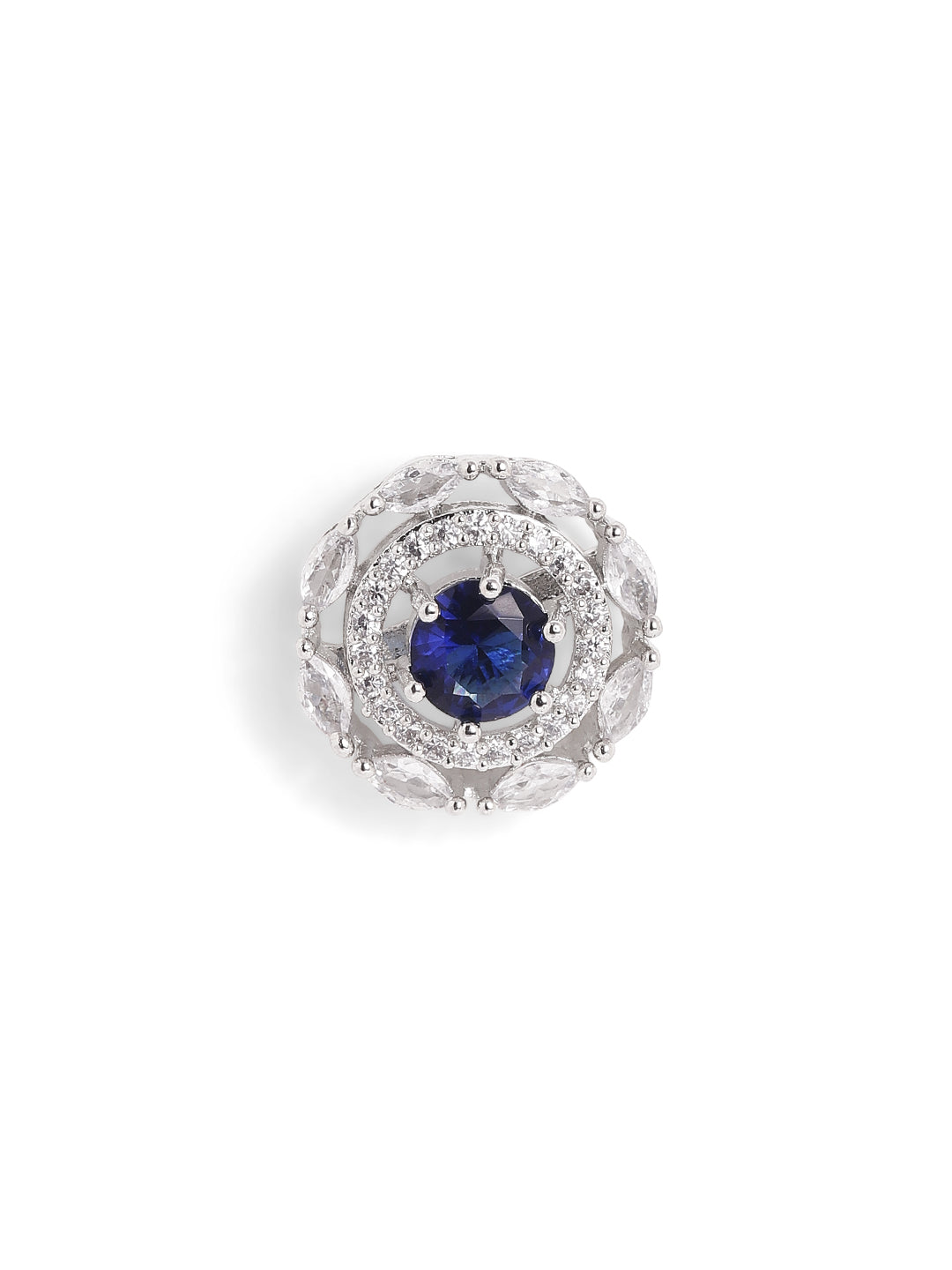 Blue Stoned AD Flowery Pattern Silver Plated Stud Earrings