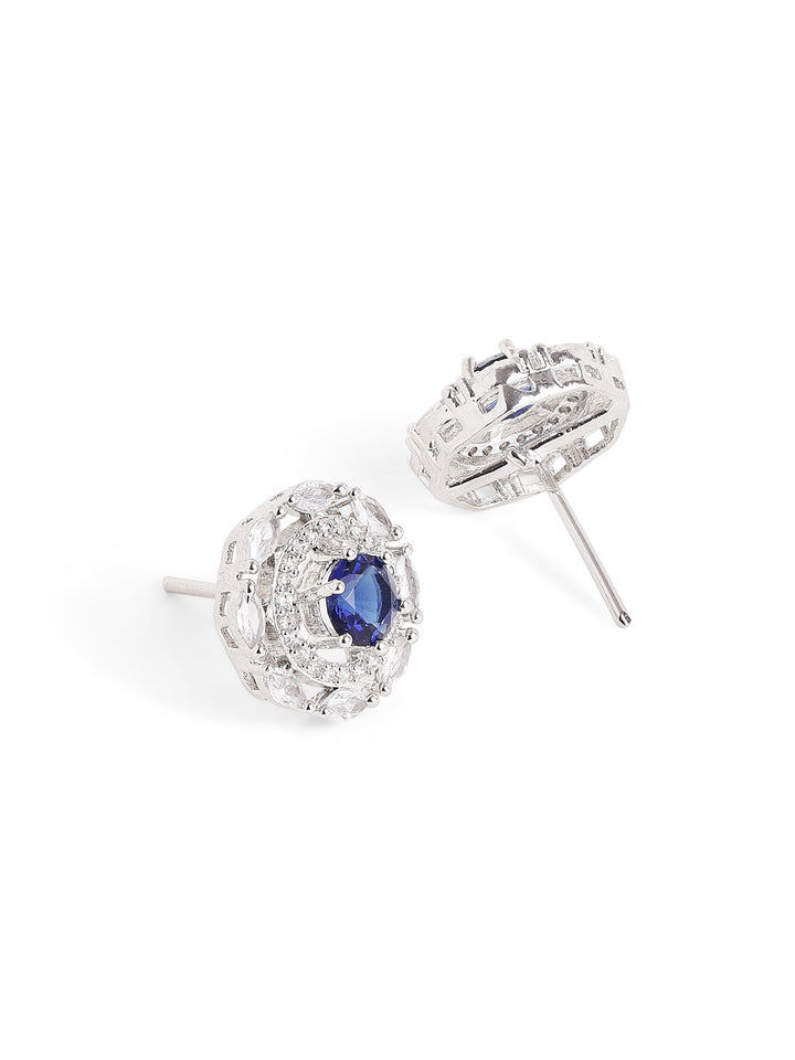 Blue Stoned AD Flowery Pattern Silver Plated Stud Earrings